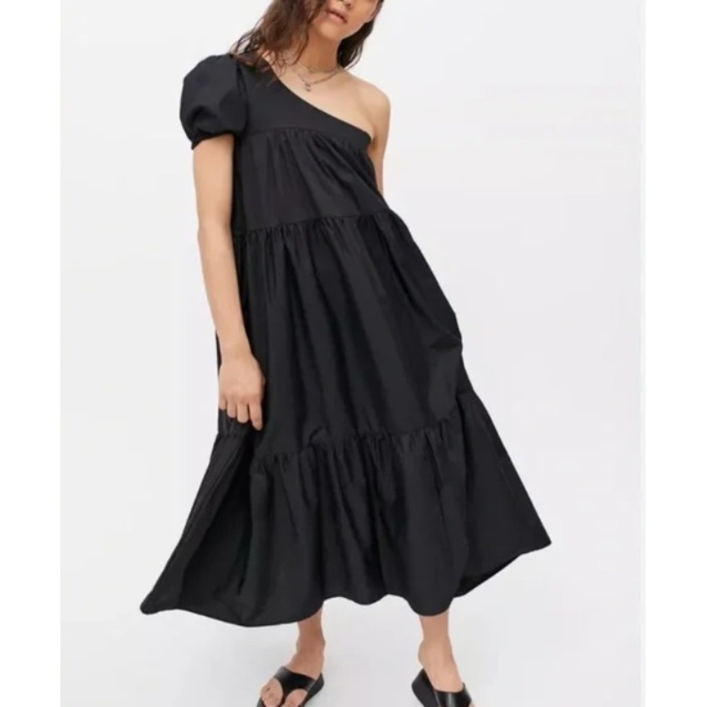 Et Tigre Yang Black One Shoulder Tiered Cotton Midi Dress Oversized XS/S‎